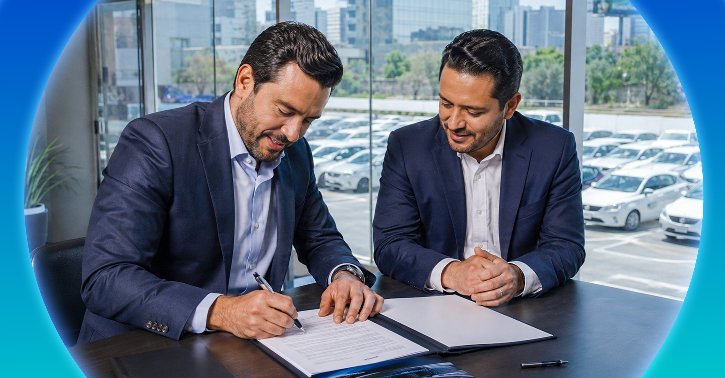 Ejecutivo de empresa firmando contrato de arrendamiento de flotilla vehicular